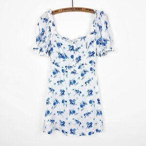 ZARA Womens Blue Floral Mini Sun Dress White Small Porcelain Short Sleeve